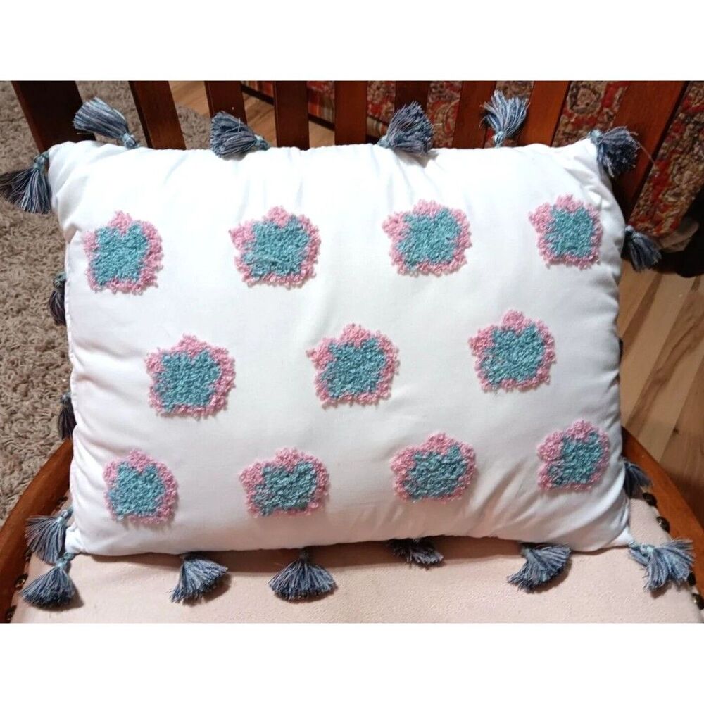 Decorative Throw Lumbar Pillow White Pink Aqua Hook Loop Tassels 11x14 Inch